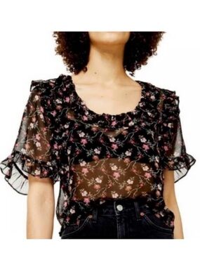 Topshop Semi-sheer Floral Ruffle Blouse in Black Size 2